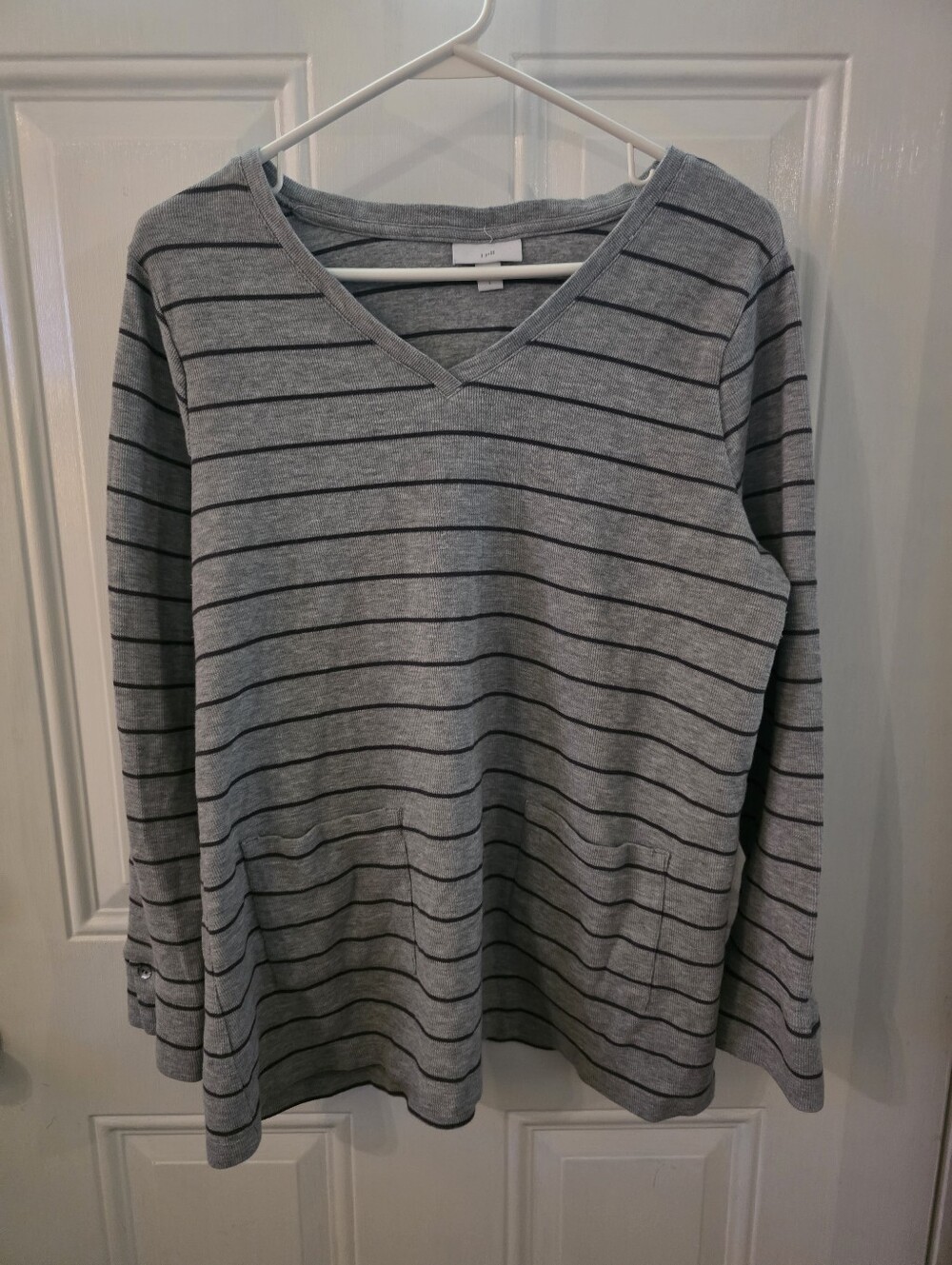 J. Jill Gray Striped V-Neck Long Sleeve Top